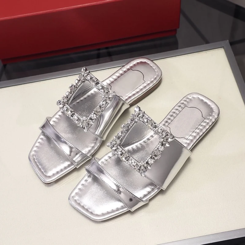 

Women Square Toe Slippers 2021 Summer Brand Design Slip-on Shoes Female Flat Slippers With Diamonds