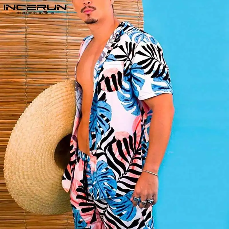 

Комплект Гавайский INCERUN мужской с принтом, рубашка с отложным воротником и короткими рукавами, пляжные шорты, уличная одежда, летние повседн...