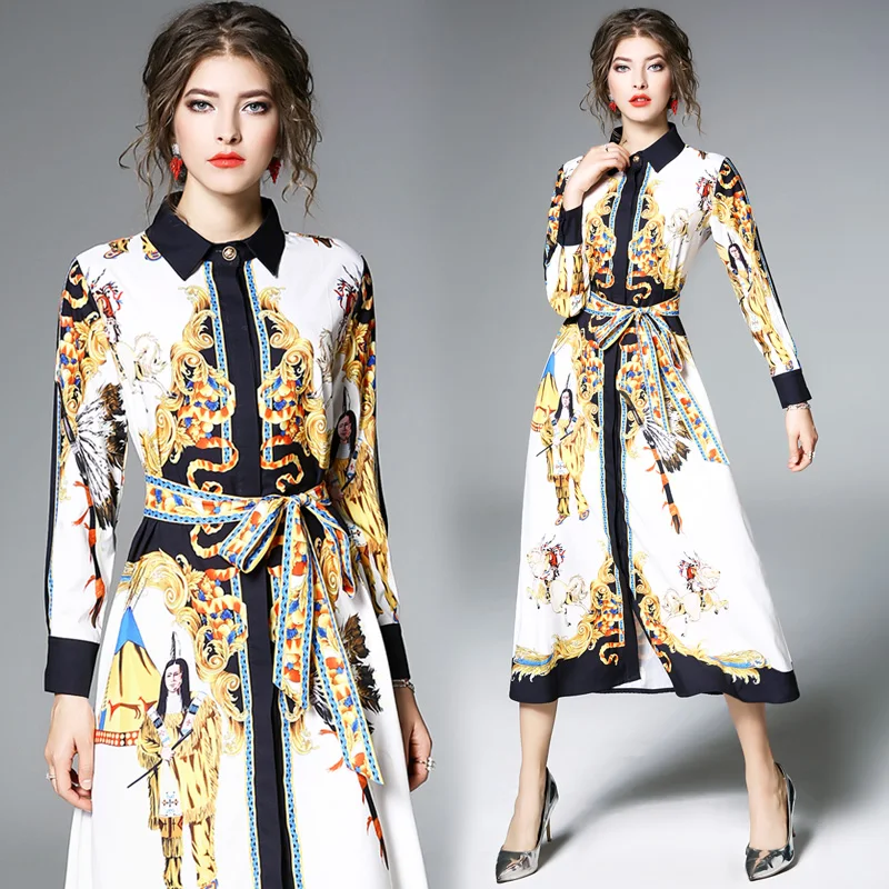 

High Quality 2019 New Women Autumn Long Sleeve Dress Retro Court Printing Shirt Runway Dress Vintage Long Dress