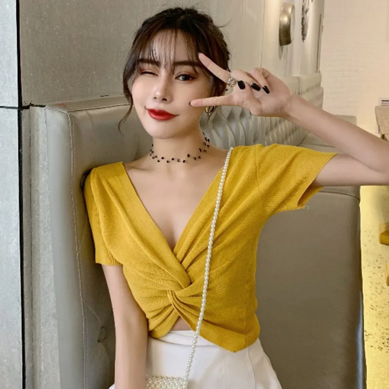 

2020 Summer T-shirt Women T Shirt Sexy V Neck Solid Slim Knitted Top Pullover Crisscross T-shirt Sexy Short Sleeve Tee Tops