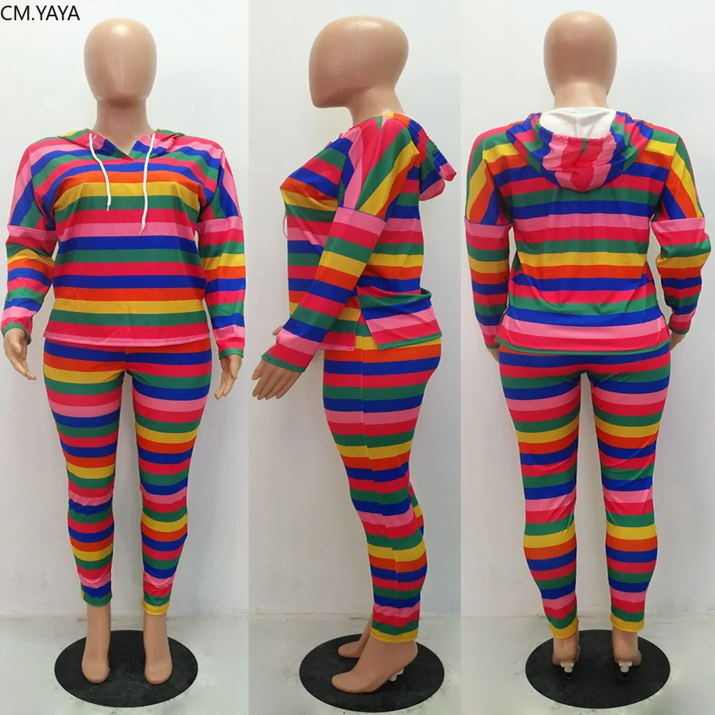 Autumn winter Women Rainbow Striped print t-shirt Hoodies pencil pants suit two piece set sexy party tracksuit sweatsuit GLM215 | Женская