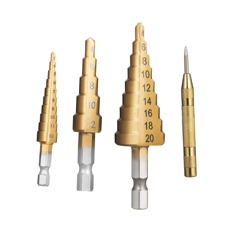 

4pcs/set Hexagonal Shank Straight Flute Step Drill Titanium Plated Pagoda Drill