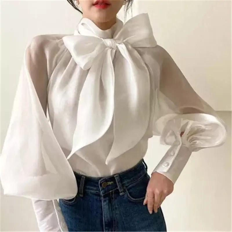 

HziriP Bow Chiffon Sexy Light All Match Sunscreen 2021 New Loose Femme Gentle Chic Sweet Fashion Streetwear Stylish Blouses