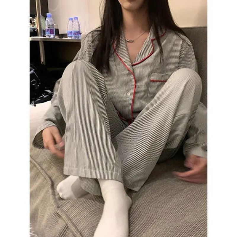 QWEEK Striped Women's Pajamas Autumn Female Set Woman 2 Pieces Sleepwear Long Sleeve Nightwear Brief Pijama Loungwear Home Suit