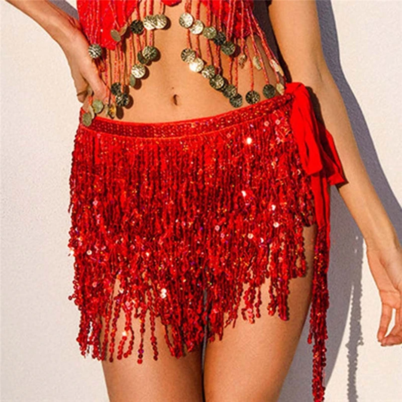 

New Women Sexy Belly Skirt Sequined Fringe Miniskirt With Adjustable Waist Straps Rave Party Mini Skirt For Dance Performance