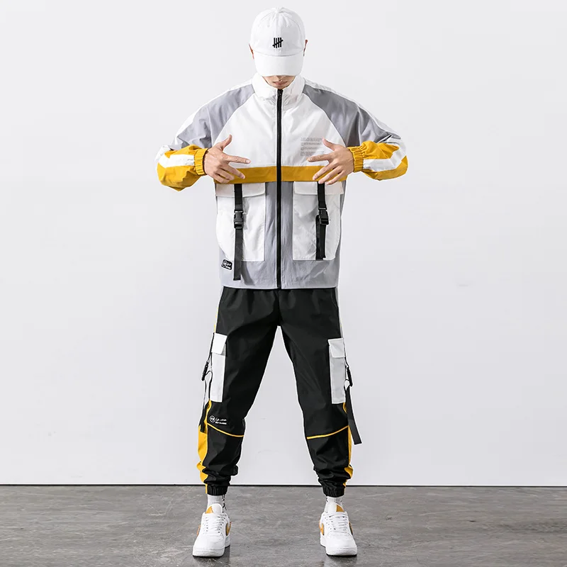 

2021 Hip Hop Workwear jacket Mens Tracksuit Jacket+Pants 2PC Sets baseball loose Zipper Ribbons Coat & Long Pants Mens Clothes