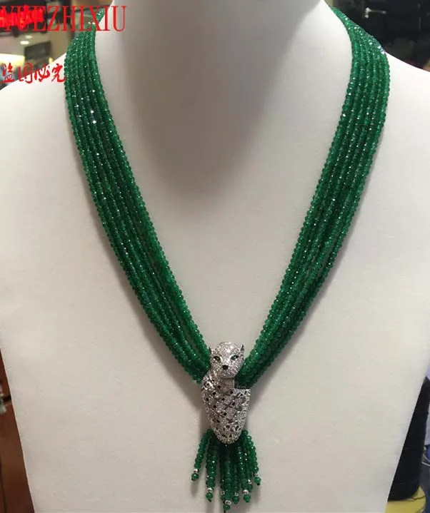 Women's fine jewelry Leopard head clasp accessory 2*4mm green jade  necklace tassel necklace 17-20inch