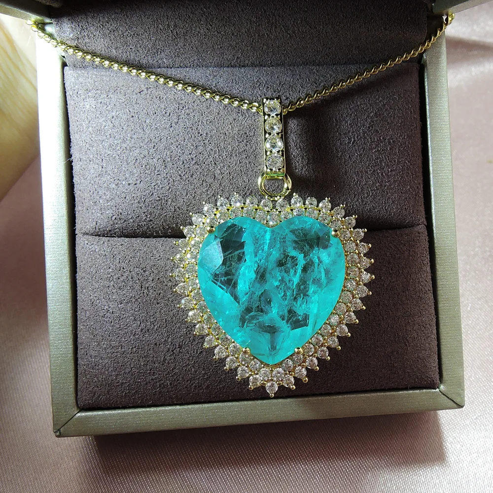 

Love Heart Paraiba Tourmaline Emerald Gemstone Yellow Gold Pendent Necklace Fine Jewelry Wholesale Pendant Necklaces