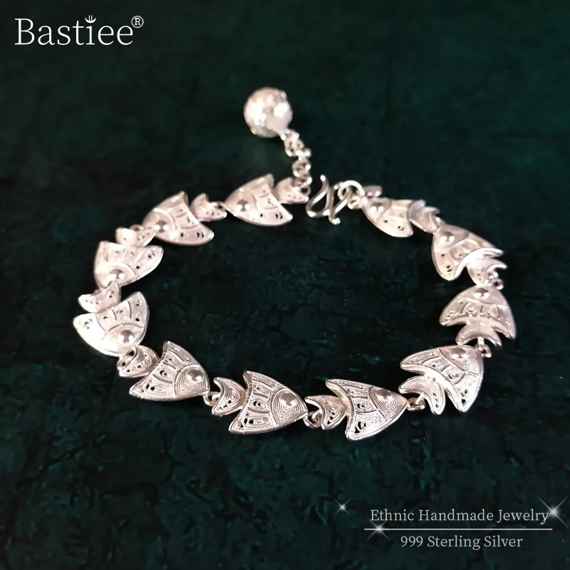 Bastiee 999 Sterling Silver Fish Bracelets for Women Miao Handmade Ethnic Luxury Jewelry anillos кольца