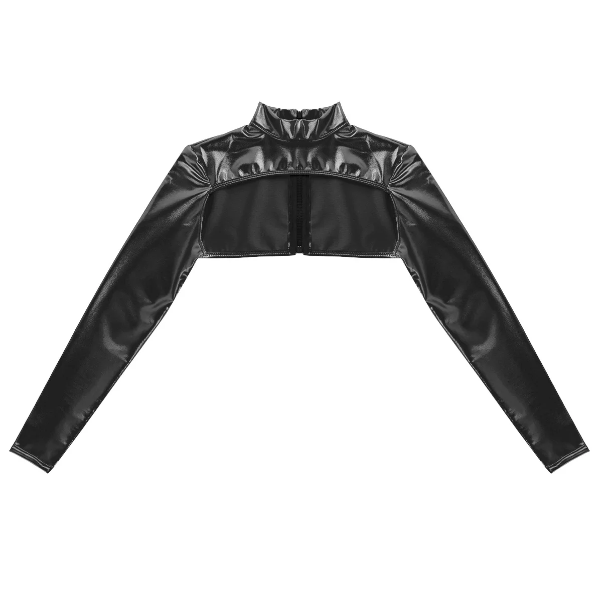 Женский Блестящий металлический короткий топ с длинным рукавом и молнией сзади