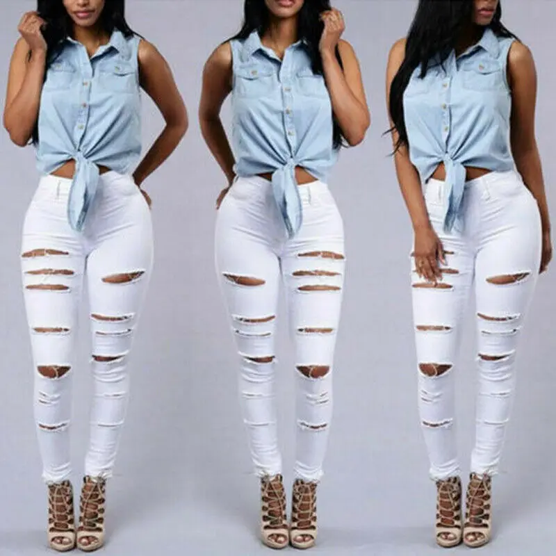 

Women High Waist Ripped Jeans Elastic Destroyed Hole Pencil Pants Stretchy Ripped Denim Skinny Holes Pants