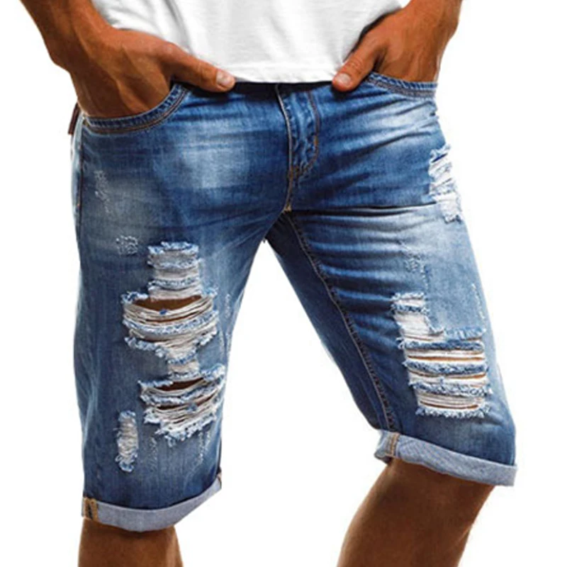 

Jeans Men Fashion Summer Clothing 3XL Knee Length Mens Jeans Holes Straight Denim Shorts Blue Pockets Ripped Jeans for Men