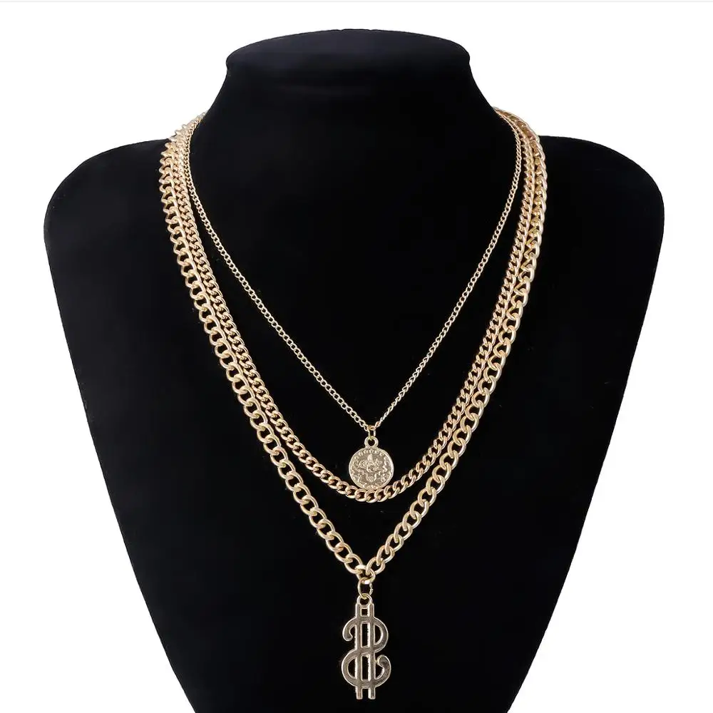 

Vintage Cuban Queen Coin Pendant Choker Necklace Collares Unique USD Dollar Shape Multilayer Metal Chain Necklace Women Jewelry
