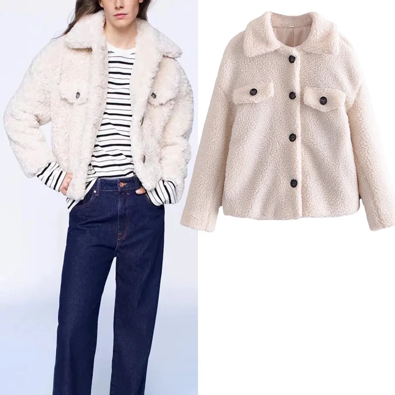 

Za Autumn Winter Solid Color Woman's Fleece Thicken Warm Jacket Coat Fashion Lapel Long Sleeve Chic Single Button Jacket Tops