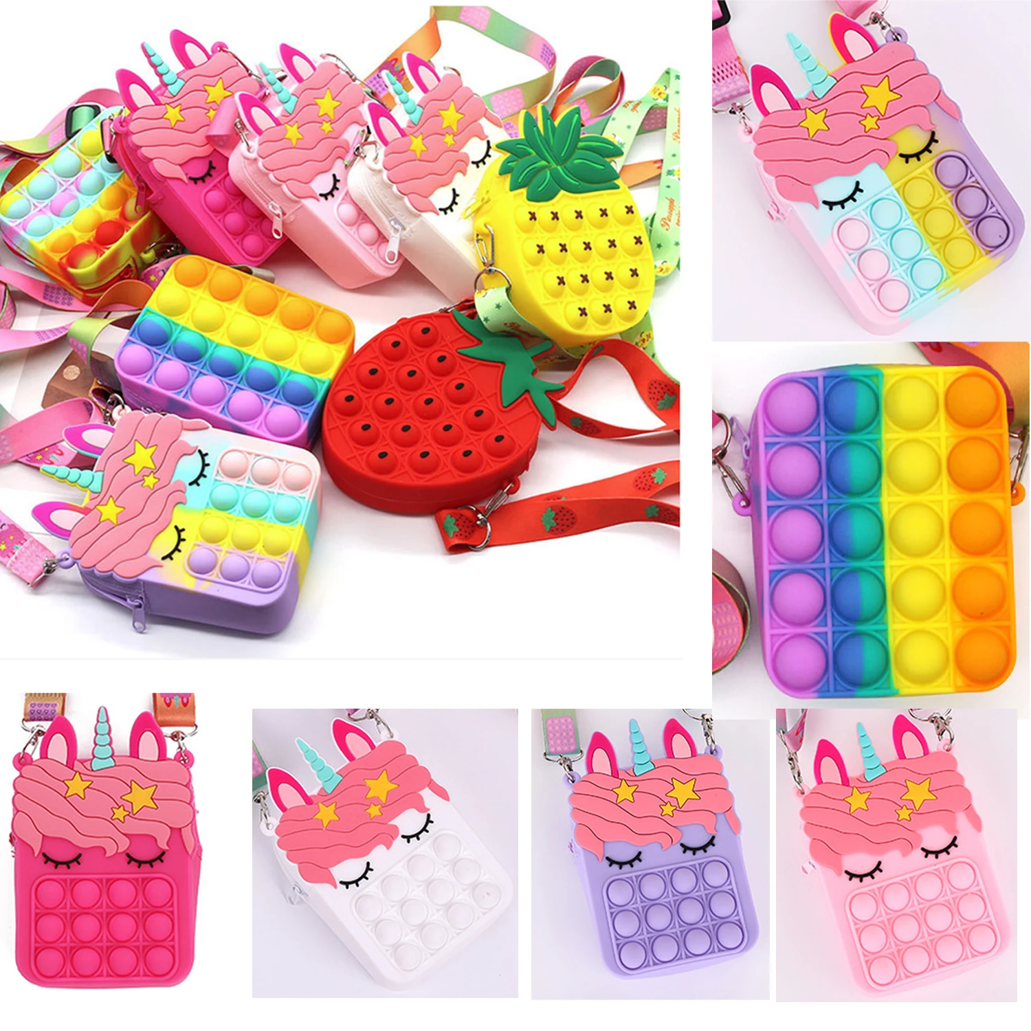 

Pop It Fidget Toys Rainbow Unicorn Bagkawaii Simple Dimple Bubbles Push Child Unzip Kawaii Coin Purse Silicone Fingertip
