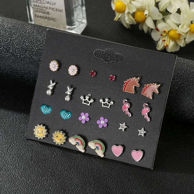 

Mini Combination Pop Sunflower Rainbow Unicorn Earrings Set With Epoxy Crown Set With Diamond Earrings For Women