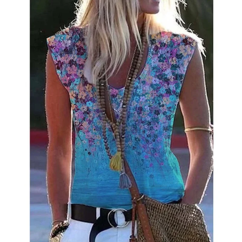 

Elegant Women Summer Floral Print Vest Top Fashion Sexy Sleeveless Loose Women T Shirts Casual O Neck Blusas Pullover Streetwear