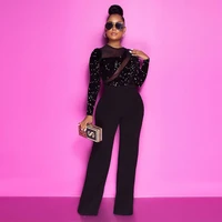 womens jumpsuit o neck shinny sequined mesh spliced rompers long sleeve see through long straight jumpsuit womens bodysuits
