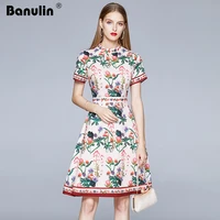 banulin designer runway high quality women stand neck floral print short sleeve elegant dresses holiday boho vestidos robe