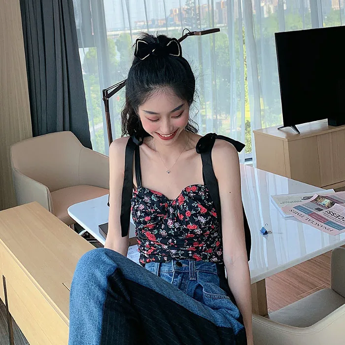 

Print Off Shoulder Crop Top Women Blouses Summer Sexy Spaghetti Strap Tops Beach Style Backless Shirts Fashion Korean Clothes
