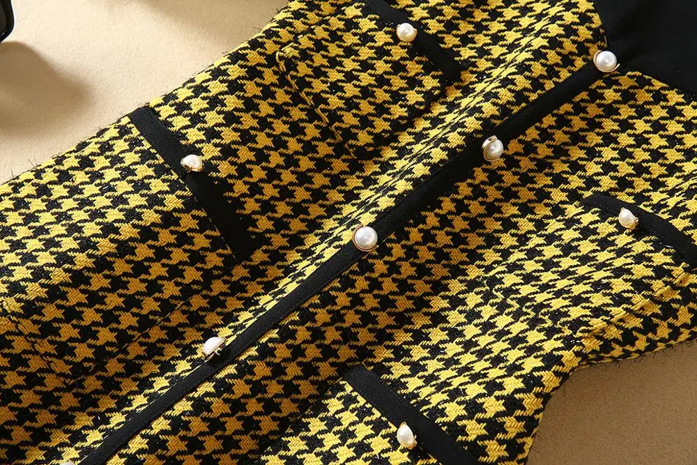 

MIUXIMAO High Quality 2019 Fall Dress Newest Office Lady Fashion Sleeveless Tweed Pearl Buttons Casual Dress Women Vestidos