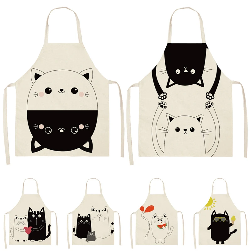 

1Pcs Black Cat Pattern Cleaning Colorful Aprons Home Cooking Kitchen Apron Cook Wear Cotton Linen Adult Bibs 53*65cm WQL0206