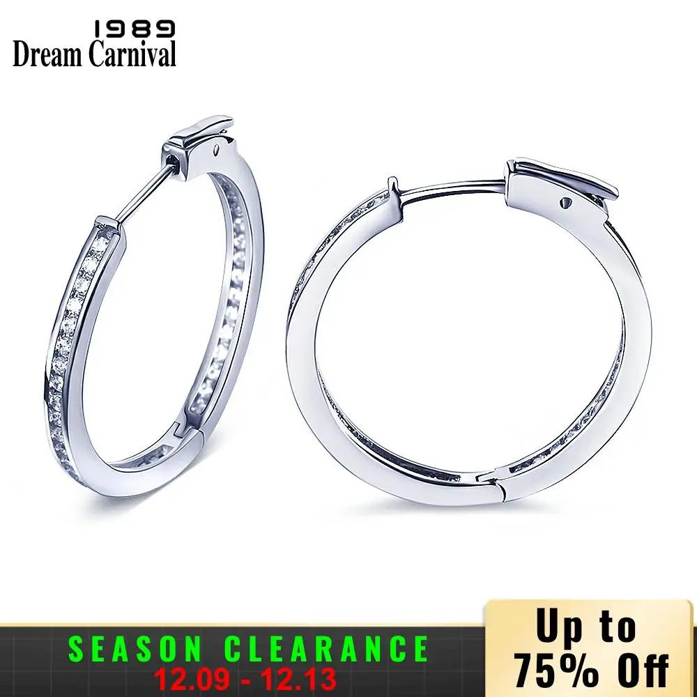 Dreamcarnival1989 Small Round Earrngs Hoops Rhodium or Gold-color White CZ Mounted Safety Press Lock Gift for Mum Regali Natale