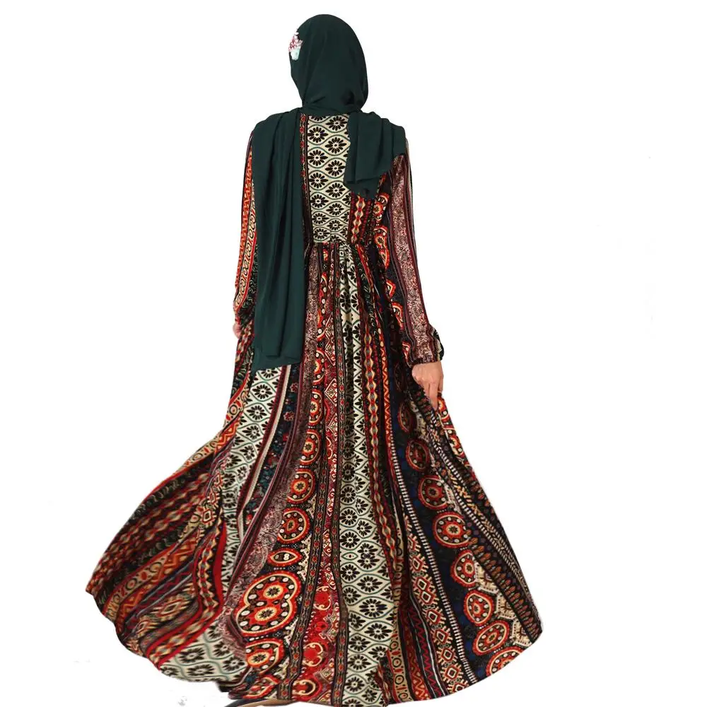 

Muslim Women Abaya V-Neck Maxi Dress Robes A-Line Printed Dubai Ethnic Islamic Clothing Loose Vintage Long Sleeve Dress Fashion