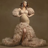 elegant ruffled bridal maternity dresses plus size sexy slit puffy sleeve elastic custom made women mermaid party dresses