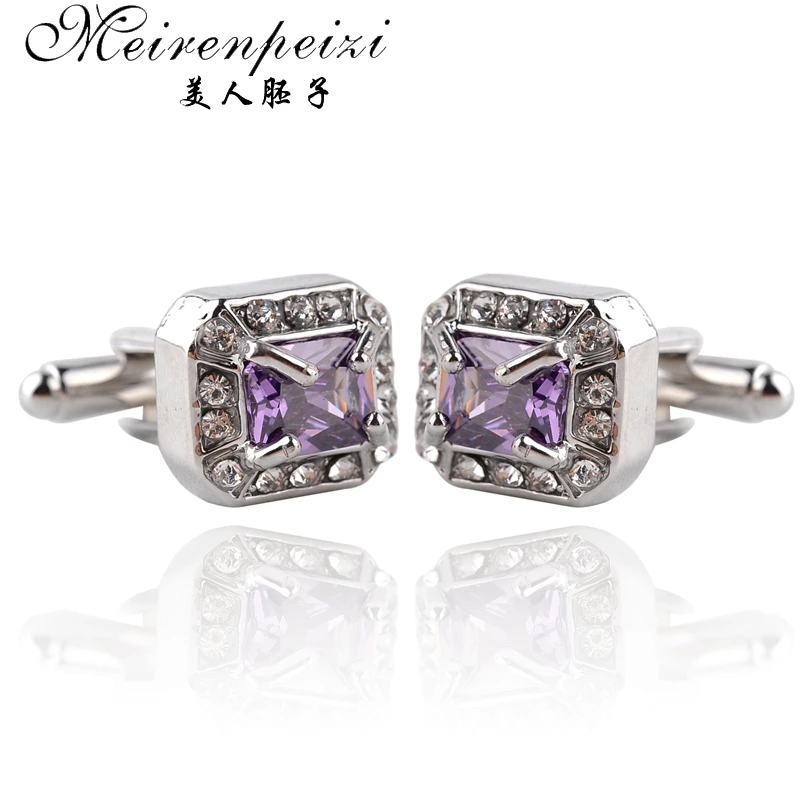 

Dazzling Pretty Men's Silver With Purple Crystal Cuff Links French Zircon Cufflinks Shirt Suit Wedding Gifts For Business Men