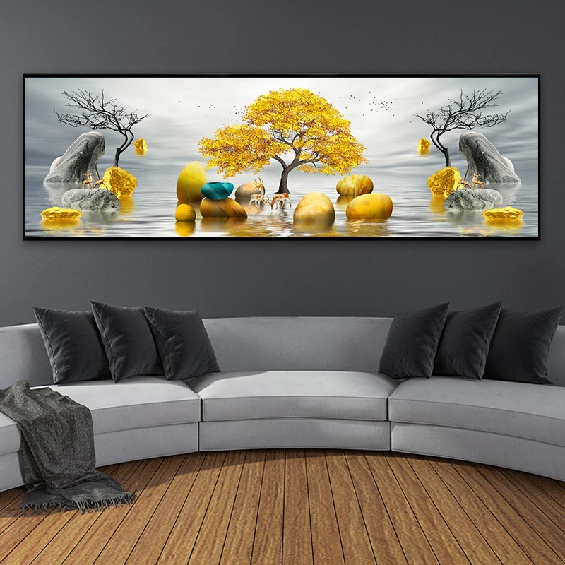

Modern Golden Abstract Art Golden Tree and Stone Pictures Painting Wall Art for Living Room Home Decor (No Frame)