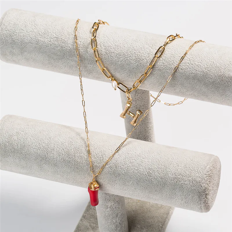

Romantic Multi Layered Red Coral Alphabet Long Necklace Pendant Women Trendy Pearl Gold Color Chain Choker For Women Jewelry