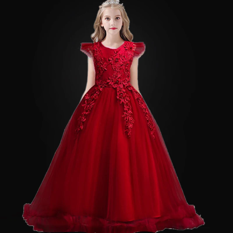 Wedding Party Dress for Girls Lace First feast princess Long Dress New Exchange Dress Ball Beauty Sexy Shoulder Dress