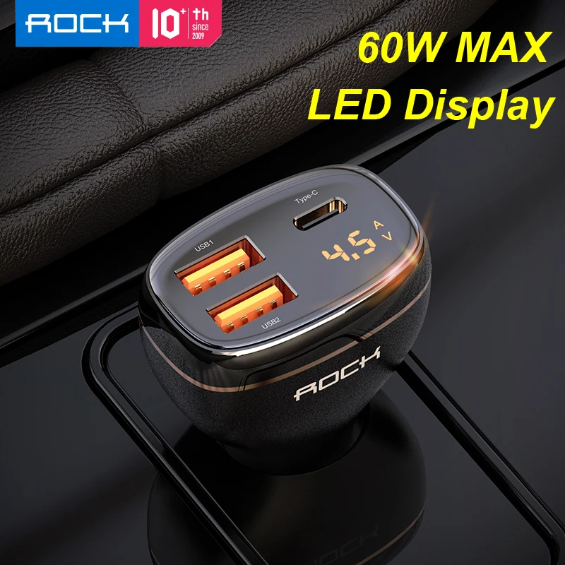 

Автомобильное зарядное устройство для iPhone 12 Pro 60 Вт USB QC4.0 Type C PD 20 Вт Быстрая зарядка устройство для авто для Xiaomi 10T Pro светодиодный дисплей ROCK