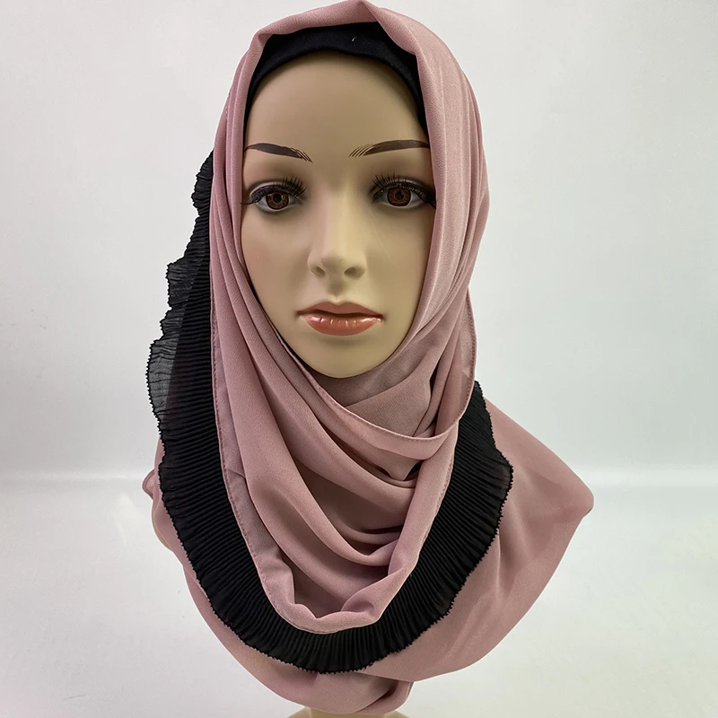 

New 2020 Fashion Heavy Chiffon With Pleated Black Eyelash Solider Color Shawls Headband Muslim Hijabs Scarves/Scarf