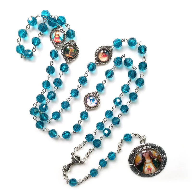 

QIGO Blue Crystal Strand Virgin Pendant Necklace For Men Women Catholic Religious Jewelry