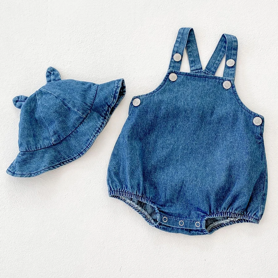 

Newborn Infant Baby Boys Girls Romper Clothes 2021 Fall Infant Children's Boys and Girls Baby Denim Strap Romper + Hat