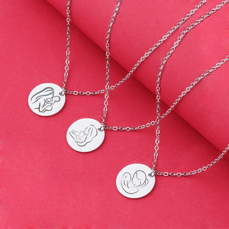 

Engraving Mom And Baby Round Coin Disc Charm Necklace Stainless Steel Personalized Women Gift For Mothers Day Jewllery