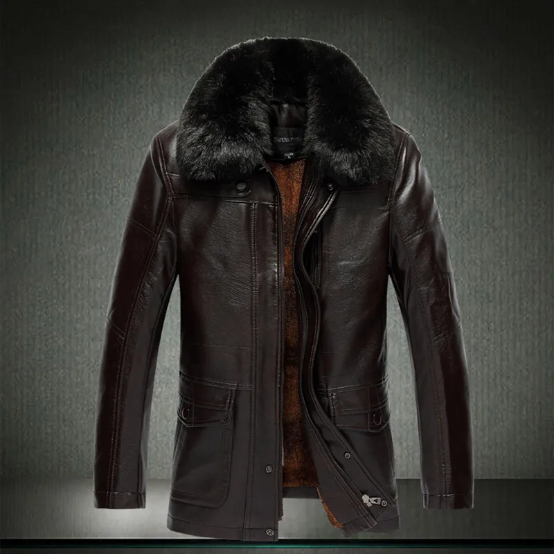 

Men Winter Fur Collar Parkas Plus Velvet Fleece Leather Jacket Keep Warm Thick Stylish Mans Coat Big Size 6xl 5xl 7XL 1203