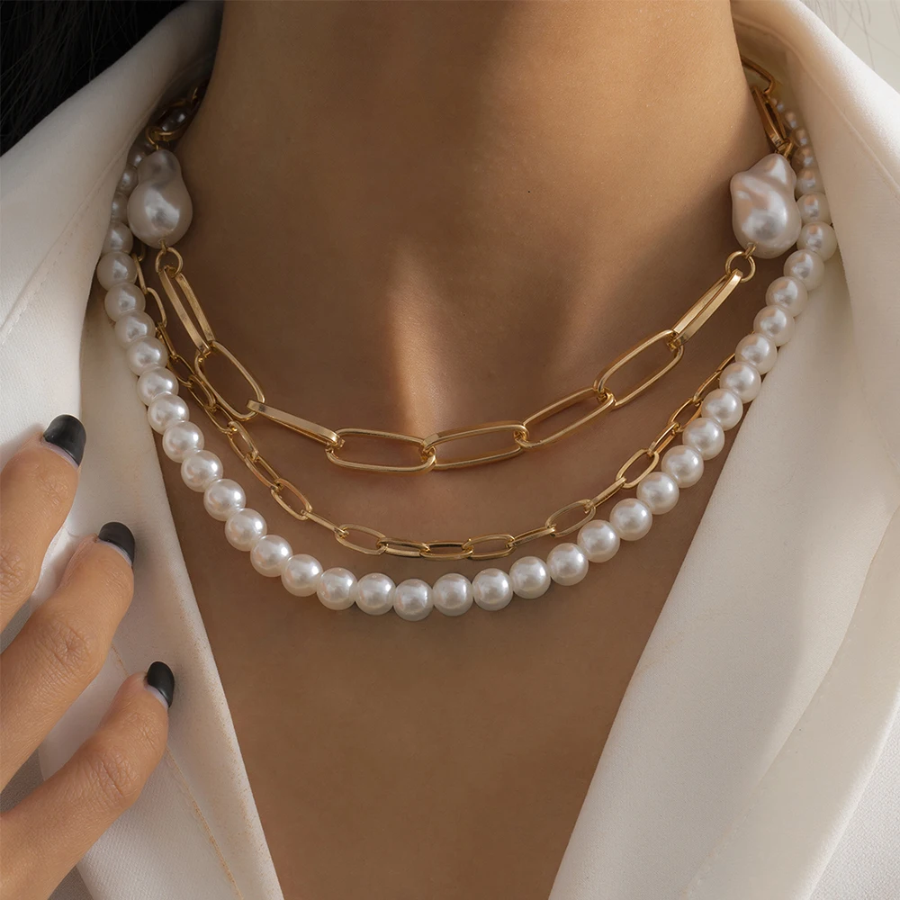 

Lacteo 3 Pcs/Set Vintage Baroque Imitation Pearls Clavicle Chain Choker Necklace For Women Multiilayer Night Club Jewelry Gifts