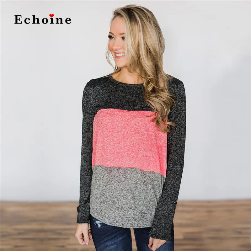 Женская Повседневная футболка в стиле пэчворк топ с круглым вырезом и длинным