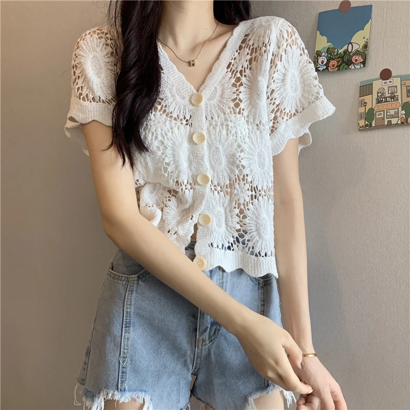 Summer Hollow Out Lace Petal Sleeve Flower Stand Collar Hollow Out Flower Patchwork Shirt Women Blouse Chic Button White Tops