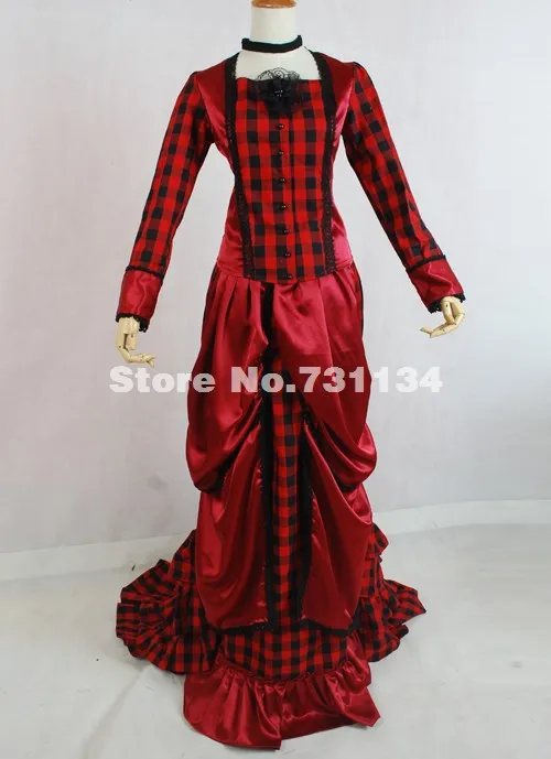 Изготовленный на заказ изящные в красную клетку одежда с длинным рукавом 1870/90s
