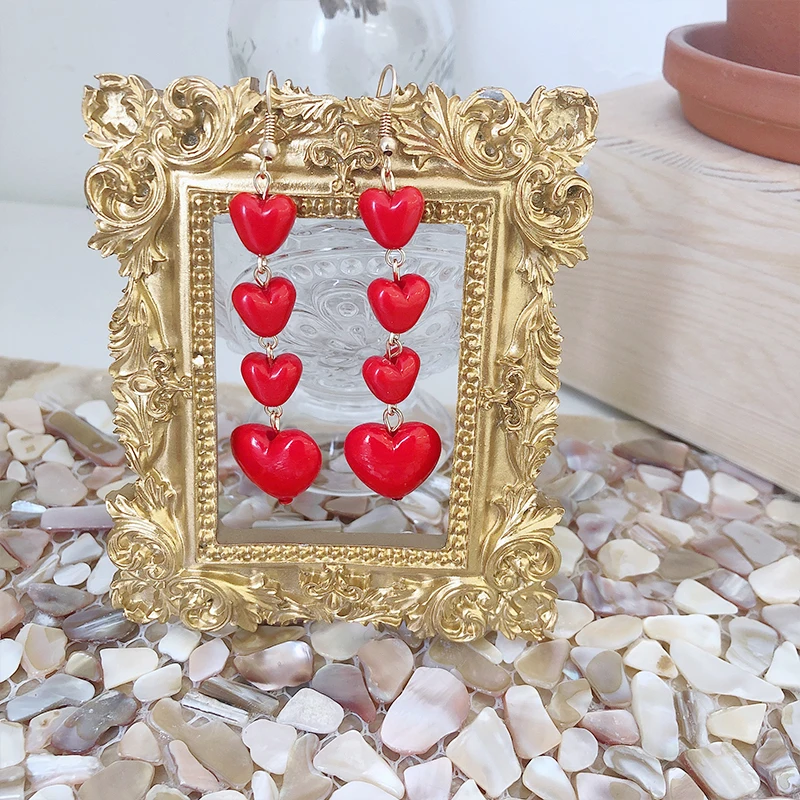 

Acrylic Golden Tassel Resin Simple Four Red Hearts Dangle Earrings & Drop Earrings for Women