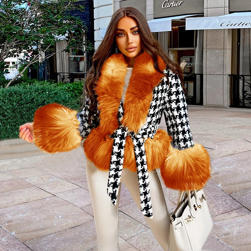 

Women Coat Tweed Woolen Commuting Winter Quilted Thick Slim-fit V-neck Houndstooth Short Fur Elegant Lace-up Fur Coat Coat