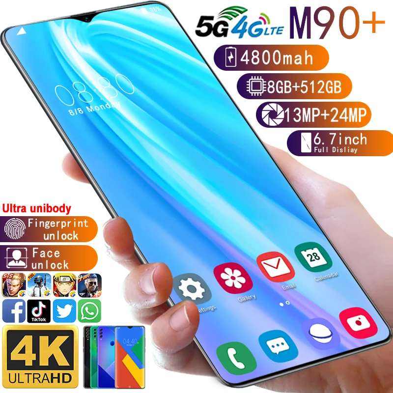 

Hot Sale M90 Unlock Global Version Smartphone 8GB 512GB SIM Card 4800mAh 13MP 24MP Camera Mobile Phone Android10 Face ID