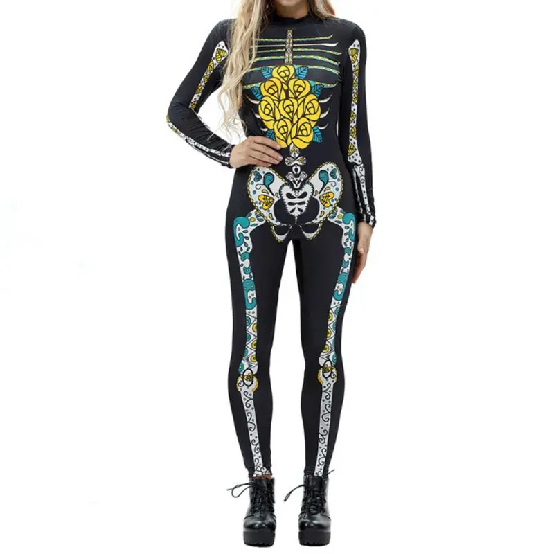 

Womens Halloween Cosplay Costume Funny Skeleton Bones Floral 3D Print Bodysuit Stretch Skinny Bodycon One Piece Jumpsuit