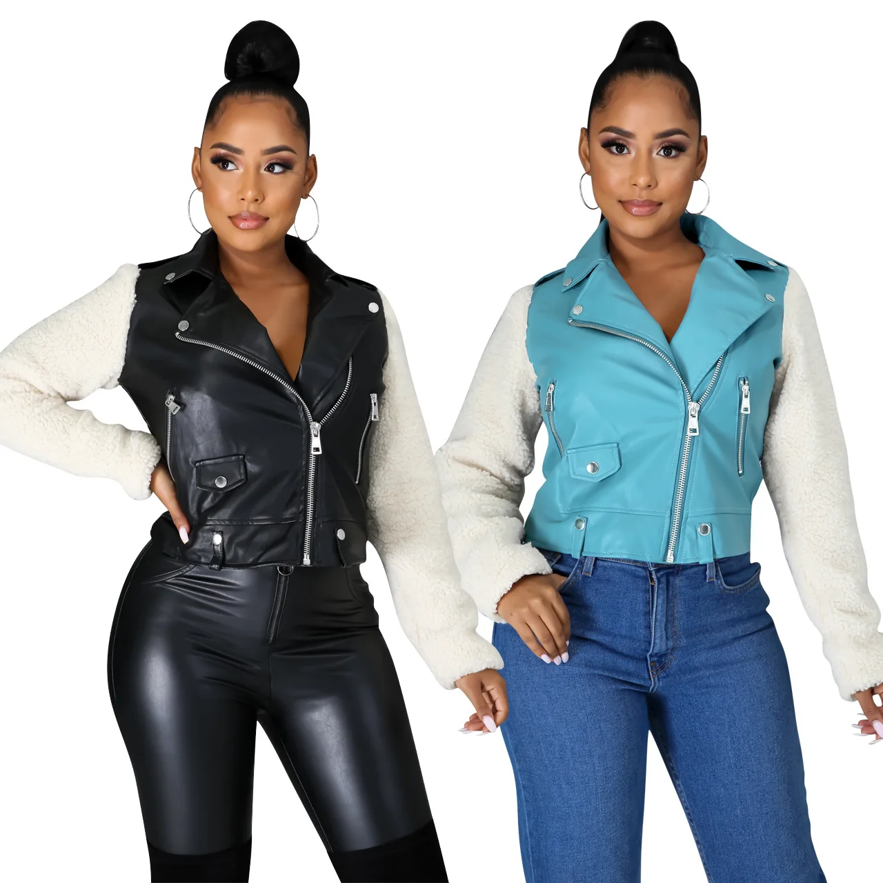 

Women PU Leather Patchwork Zipper Jacket with Pockets Fall Winter Turn Down Collar Long Sleeve Short Casual Coats Outwear