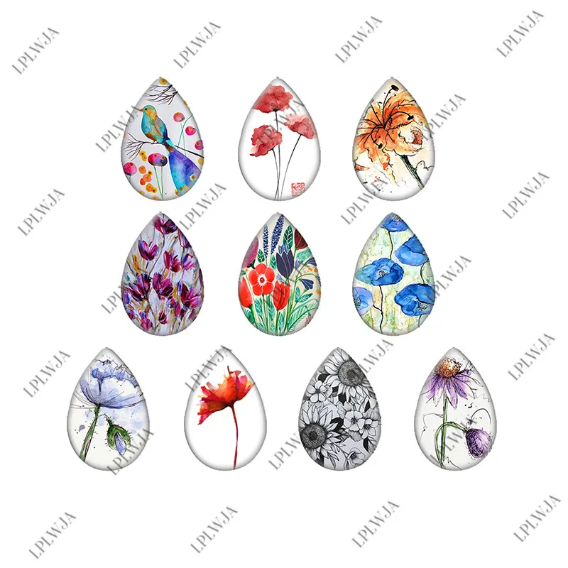 

LPLWJA Watercolor Flowers Paintings Mixed Pattern Tear Drop Shape Glass Cabochon Printed Photo Demo Flat Back Making Findings