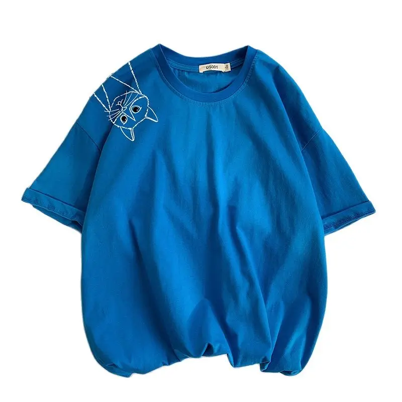 

2021 summer new over-the-shoulder cat print large size men's pure cotton short sleeve T-shirt leisure harbor style short sleeve